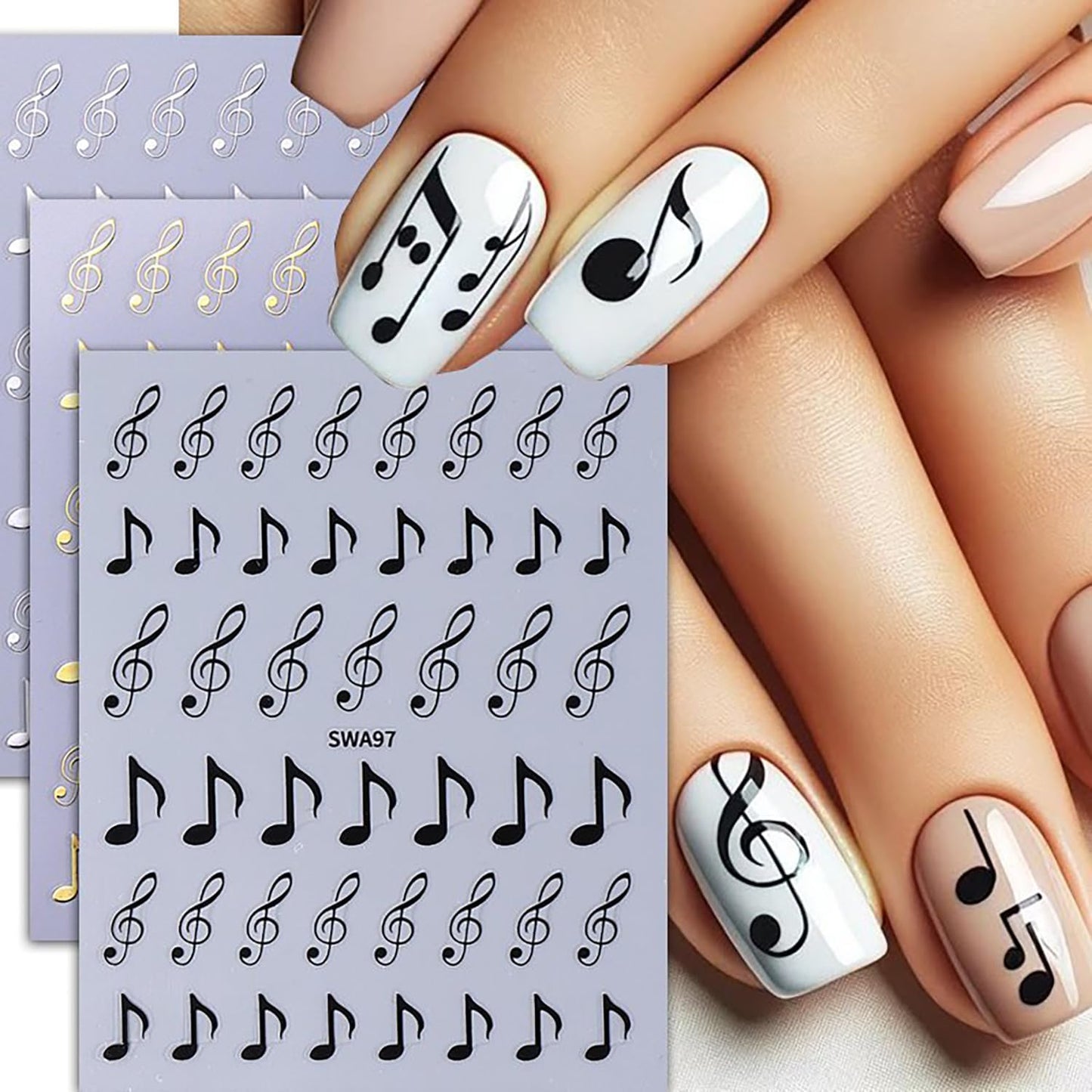 6 Sheets Musical Symbols Nail Art Stickers 3D Self-Adhesive Nails Sticker Music Notation Nails Art Decals Holographic Music Decal Decoration for Women Silver Black Manicure Stickers DIY Nail Supplies-BrightBean Baby