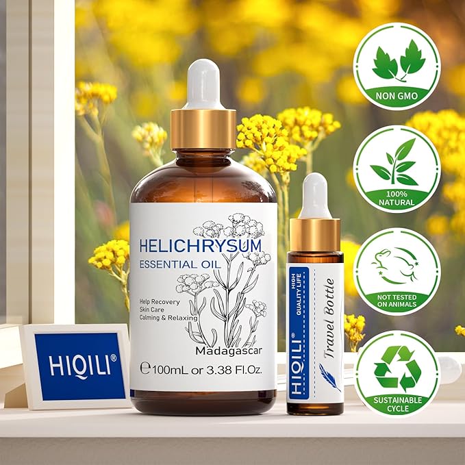 HIQILI Helichrysum Essential Oil for Skin Nourish, Undiluted & Natural, Relieve Fatigue in Body Massage, Reduce Fine Line and Wrinkle, Aromatherapy Diffuser, DIY Floral Scented Gift -100ML-BrightBean Baby