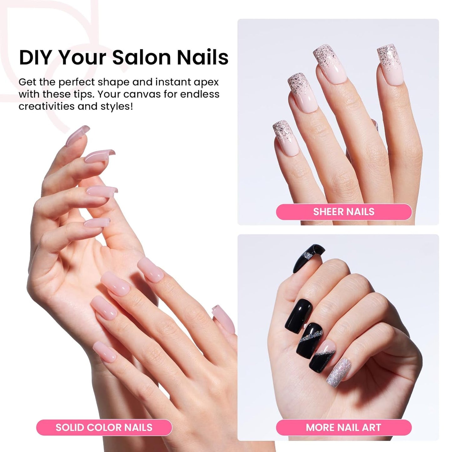 Beetles Tipex Instant Apex Nail Tips Kit Short Square , 224 Pcs Pre-Building Pre-Etched False Nail Tips with Tipex Nail Glue, Mini Nail Lamp-Thick Acrylic Nail Tips Set-BrightBean Baby