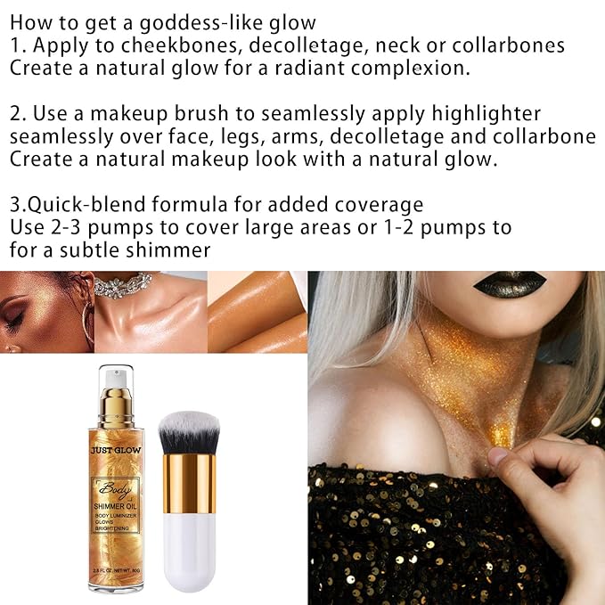 Shimmer Body Oil, Face and Body Liquid Luminizer Waterproof Moisturizing, Light Shimmer Glow Illuminator, Smooth Body Highlighter Makeup Liquid Body Shimmer (2# Gold)-BrightBean Baby