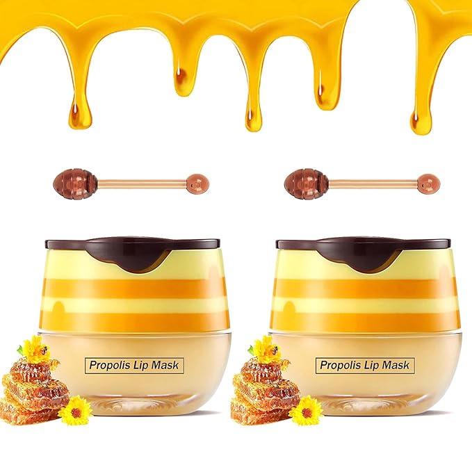 2PCS Bee Lip Balm Honey Pot,Honey Lip Mask Propolis Moisturizing Lip Balm with Stick,Propolis Moisturizing Honey Lip Balm,Hydrating & Prevention Dry and Cracked Lip,Lip Care Skin Care Products-BrightBean Baby