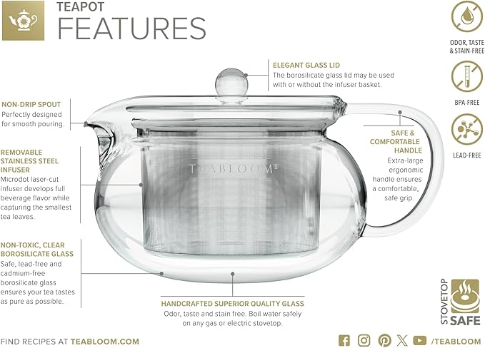 Teabloom Kyoto 2-in-1 Tea Kettle and Tea Maker – Glass Teapot with Removable Loose Tea Infuser – Tea Connoisseur's Choice