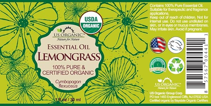 US Organic 100% Pure Lemongrass Essential Oil, USDA Certified Organic, Extracted by Steam Distillation Method, for Hair, Nail Polish Remover, Bees Attraction, and More. 30 ml-BrightBean Baby
