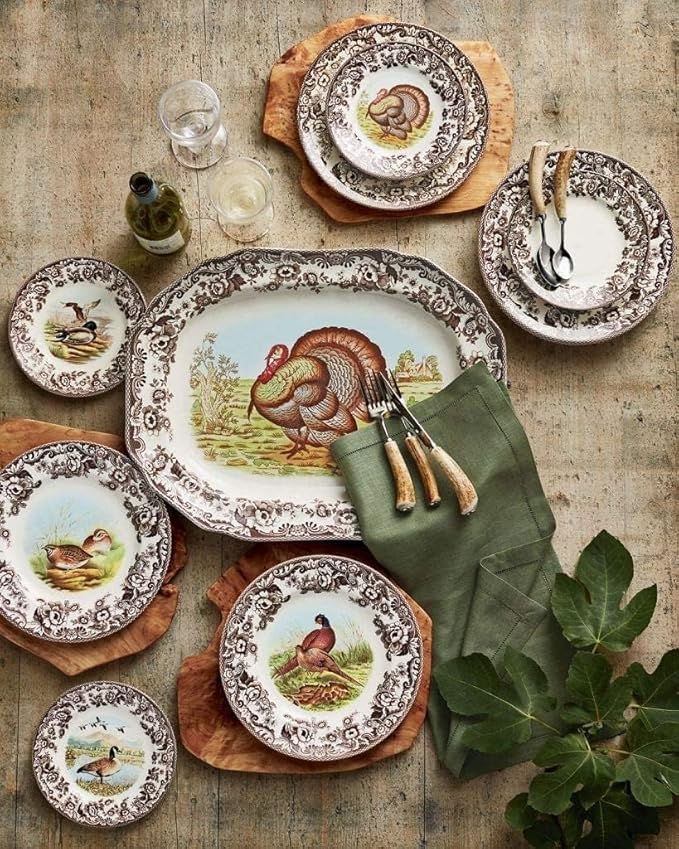 Spode Woodland Turkey Luncheon Plate - 9" Fine Earthenware Dish with British Flowers Border, Rustic Thanksgiving Design - Dishwasher, Microwave, Oven & Freezer Safe - Made in England