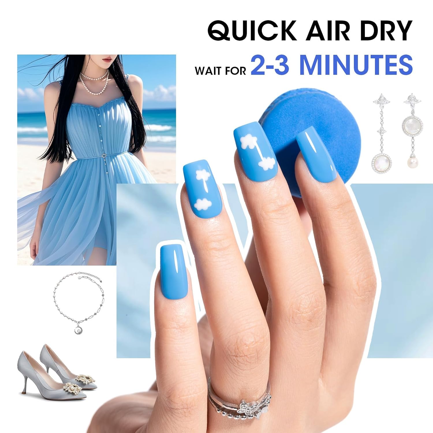 GELLEN Blue Nail Polish, Bright Navy Royal Baby Ocean Cobalt Blue White 6 Colors Set, insta Air Dry Natural Traditional Regular Nail Polish for Acrylic Natural Nails Salon Home, Non UV Gel, Hema Free-BrightBean Baby