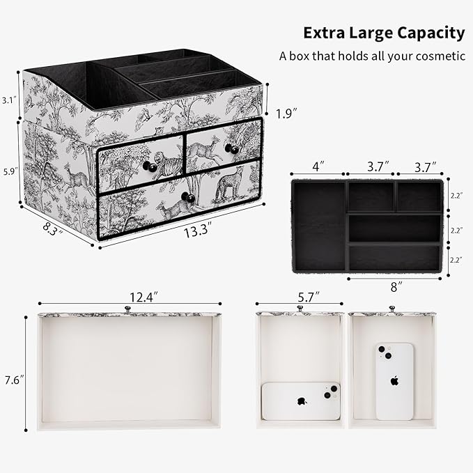 GORESE Leather Makeup Organizer with 3 Drawers for Vanity, Stackable Skincare Holder Dresser Organizer Countertop, Make Up Storage Organizers Counter Cosmetic Display Case Gift for Women(Retro Black)-BrightBean Baby