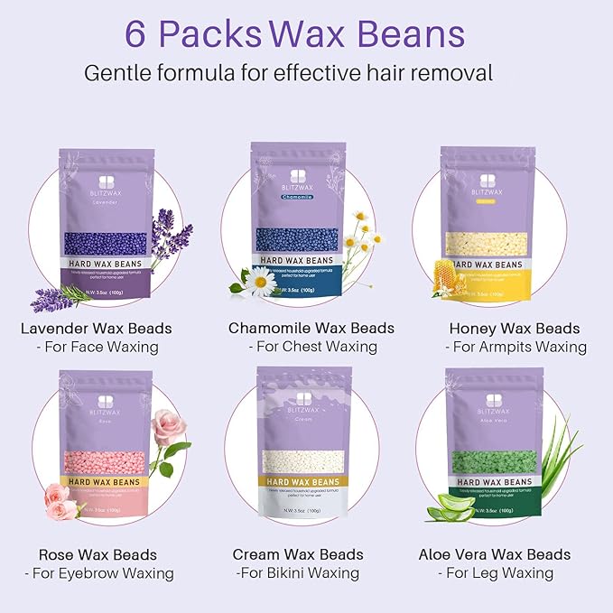 BLITZWAX Brazilian and Bikini Waxing Kit for Women, Hard Wax Warmer for Face, Legs and Body, At Home Hair Removal Kit, Beginner Friendly, Fast Heating, 51 Accessories, 6 Types Wax Bean Formula-BrightBean Baby