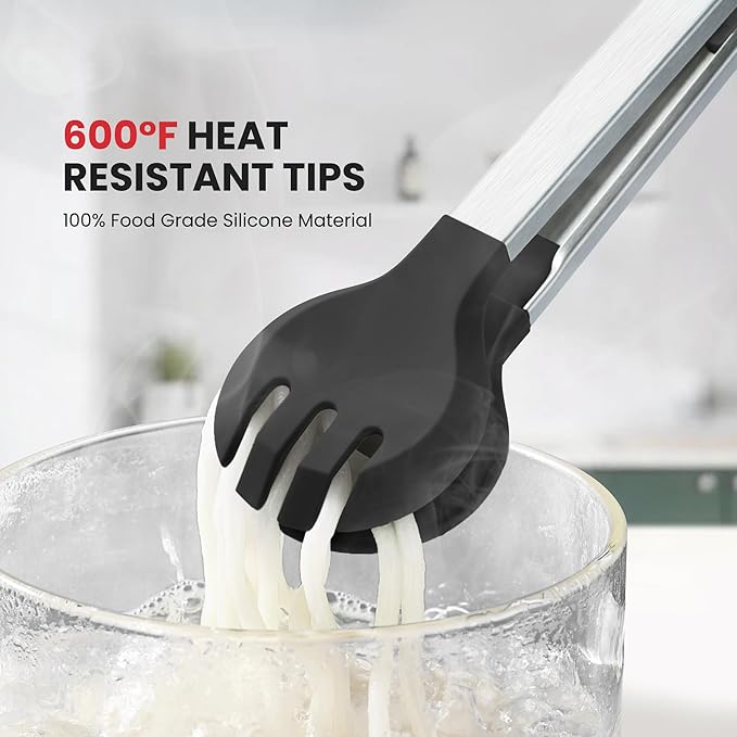 12 Inch Kitchen Tongs for Cooking, 600ºF Heat Resistant Cooking Tongs with Silicone Tip & Measure Spoon, 2-in-1 Silicone Tong for Tossing Salad, Serving Food, Non-Stick & Dishwasher Safe (Black)