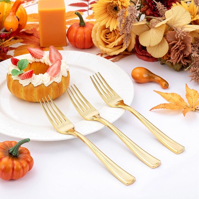 Liacere 200pcs Gold Plastic Forks - Heavyweight - 7.4 Inch Heavy Duty Forks - Gold Plastic Silverware Perfect For Parties & Weddings & Restaurants & New Year And Daily Using&Fall Decor