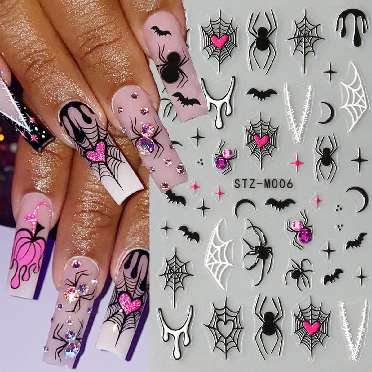 6Pcs Halloween Nail Stickers for Nail Art, Bat Spiders Nail Art Stickers Spider Web Black Rose Skull Ghost Nails Design Decals Halloween Nail Supplies for Women DIY Manicure Decoration Accessories-BrightBean Baby