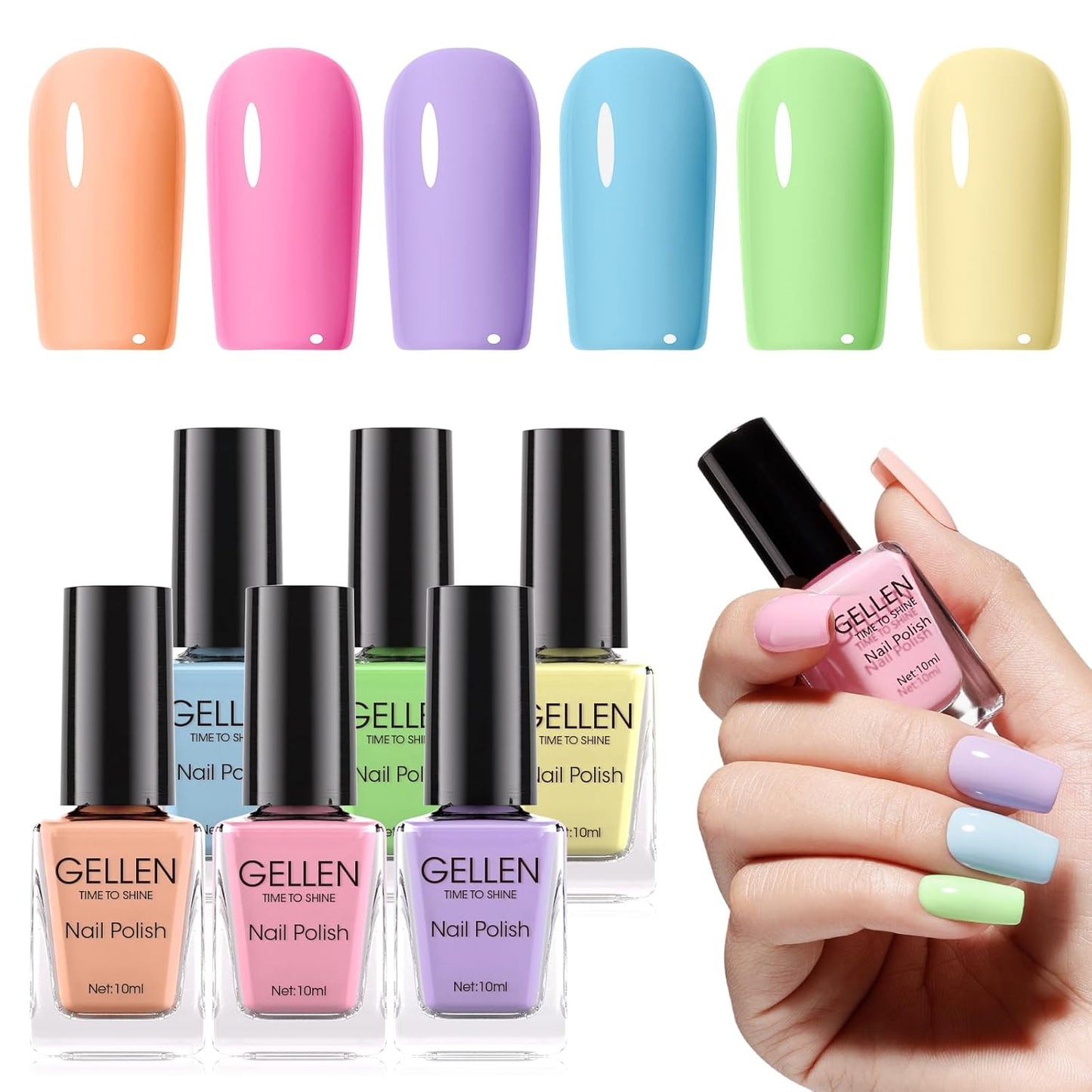 Gellen Pastel Regular Nail Polish Non Gel, Fast Air Drying Spring Summer Nail Polish No UV Light Needed Macaron 6 Colors Nude Pink Purple Blue Green Yellow Set for Women Manicure Home Salon, Hema Free-BrightBean Baby