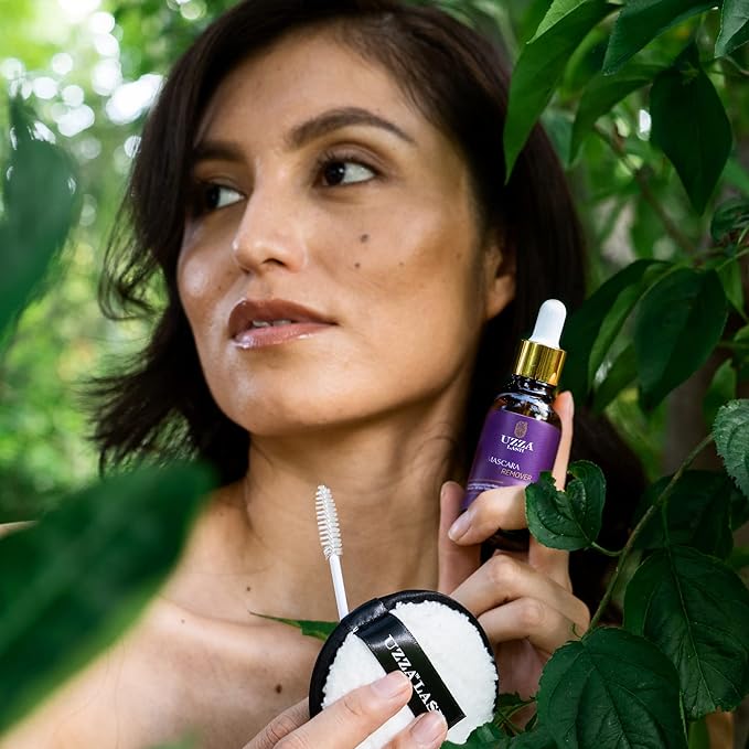 UZZA Lash Eye Makeup Remover - Waterproof Mascara Remover for Sensitive Eyes - Natural Make up Remover - Hygienic Kit Includes Eyelash Brush, Reusable Pads, Cleanser Liquid 1oz-BrightBean Baby