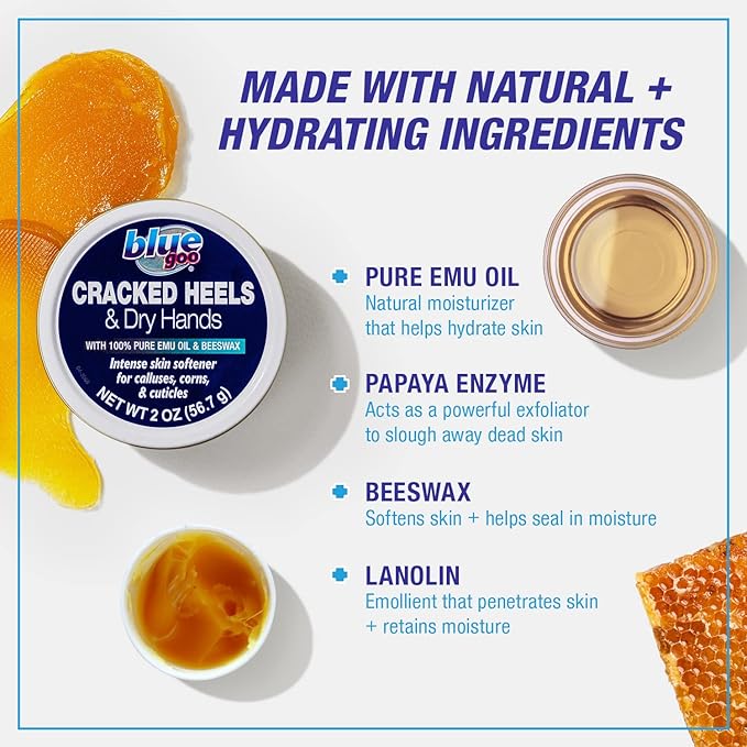 Blue Goo Cracked Heels & Dry Hands Intense Skin Softener - for Calluses, Corns & Elbow Dryness Relief, Fast- Penetrating Hydrating Moisturizer, Made w/ 100% Pure Emu Oil & Beeswax, 2 oz (3 Pack)-BrightBean Baby