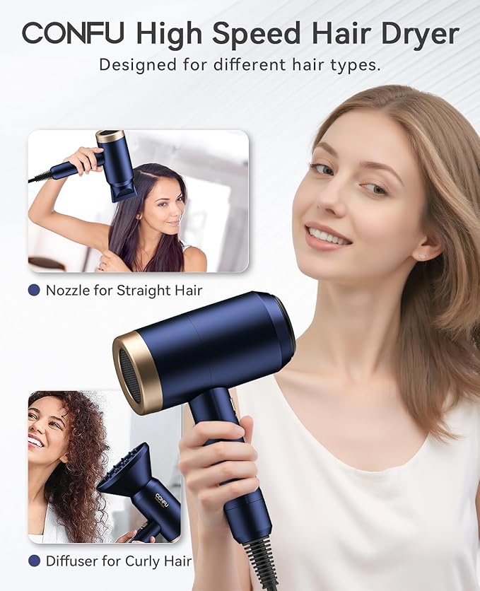 Hair Dryers for Women, CONFU Hair Dryer with Diffuser, Blow Dryers for Men, Hairdryer with Diffuser Attachment, Portable Lightweight Fast Drying Negative Ion Hairdryer for Home-BrightBean Baby