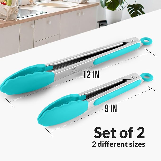Zulay Stainless Steel Kitchen Tongs with Silicone Tips - Set of 2 (9” & 12”) Locking Cooking Tongs with Non-Slip Grip - Heat Resistant, BBQ Food Tongs for Non-Stick Cooking Pans (Silver/Aqua Sky)