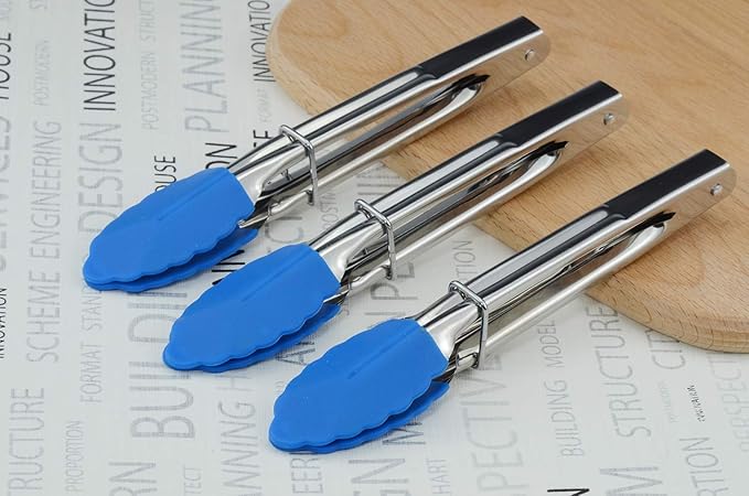 Small Tongs with Silicone Tips 7-Inch Serving Tongs, Set of 3 (Blue)