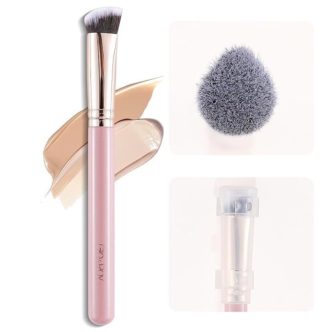 GLO&RAY Angled Concealer Brush with Cap – Flat Top Synthetic Makeup Brush for Under Eye, Spot Coverage, Travel Size Concealer Blending Tool for Liquid & Cream Application (Pink)-BrightBean Baby