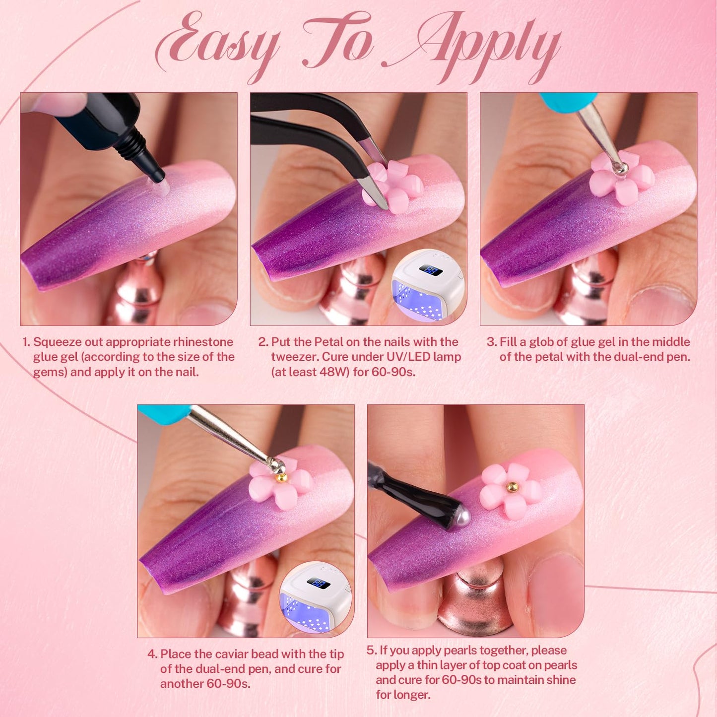 3D Nail Charms and Gems Set 5, 75PCS Chunky Coquette Pink and White Bow Nail Charms + Kawaii Cute 3D Flowers for Nails + Clear and AB Glass Rhinestones + Flatback Pearls for Y2K Acrylic Nail Design-BrightBean Baby