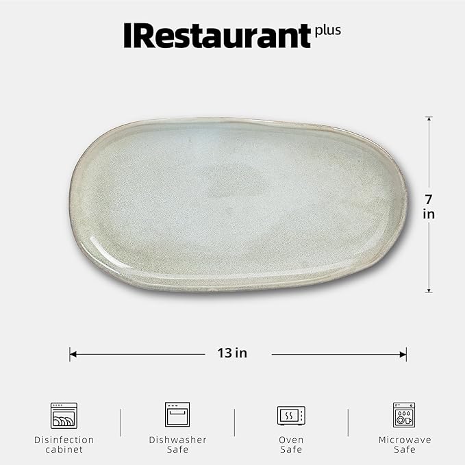 Organic Shape Restaurant Serving Tray 13" x 7", Commerical Grade Catering Stoneware Tray in Ir-regular Organic Shape, Chip & Scratch Resistant, Glossy Reactive Glaze Grey, Case of 12