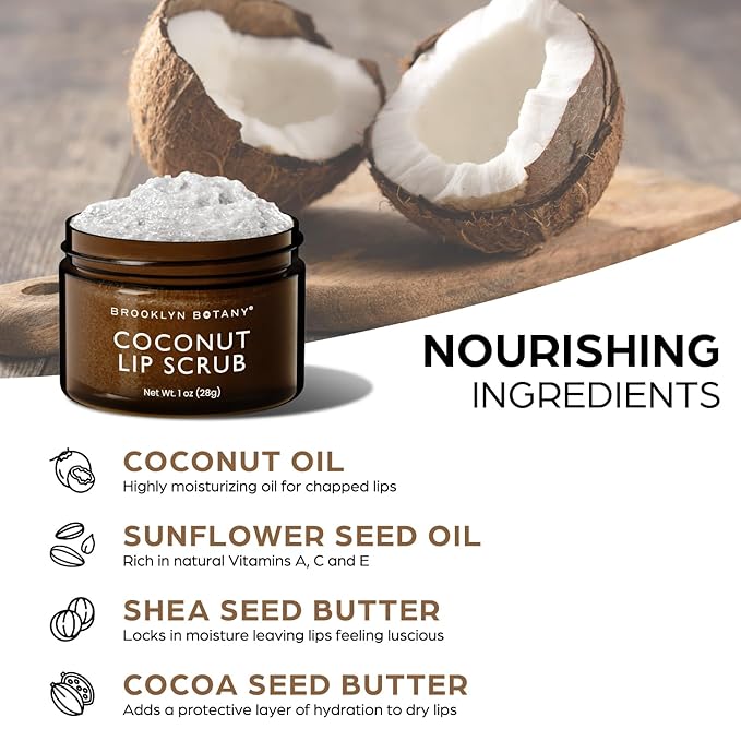 Brooklyn Botany Lip Scrub Exfoliator 1 oz – Lip Moisturizer for Dry Lips and Chapped Lips – Gentle Lip Exfoliator for Smooth and Brighter Lips – Coconut Flavor-BrightBean Baby