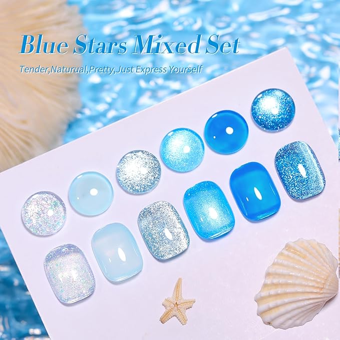 Born Pretty Gel Nail Polish Blue Series,Jelly Transparent,Cat Magnetic Eye,Shimmer Glitter Holographic Blue Gel Polish Kit for Salon Manicure and Nail Art DIY at Home 6Colors-BrightBean Baby