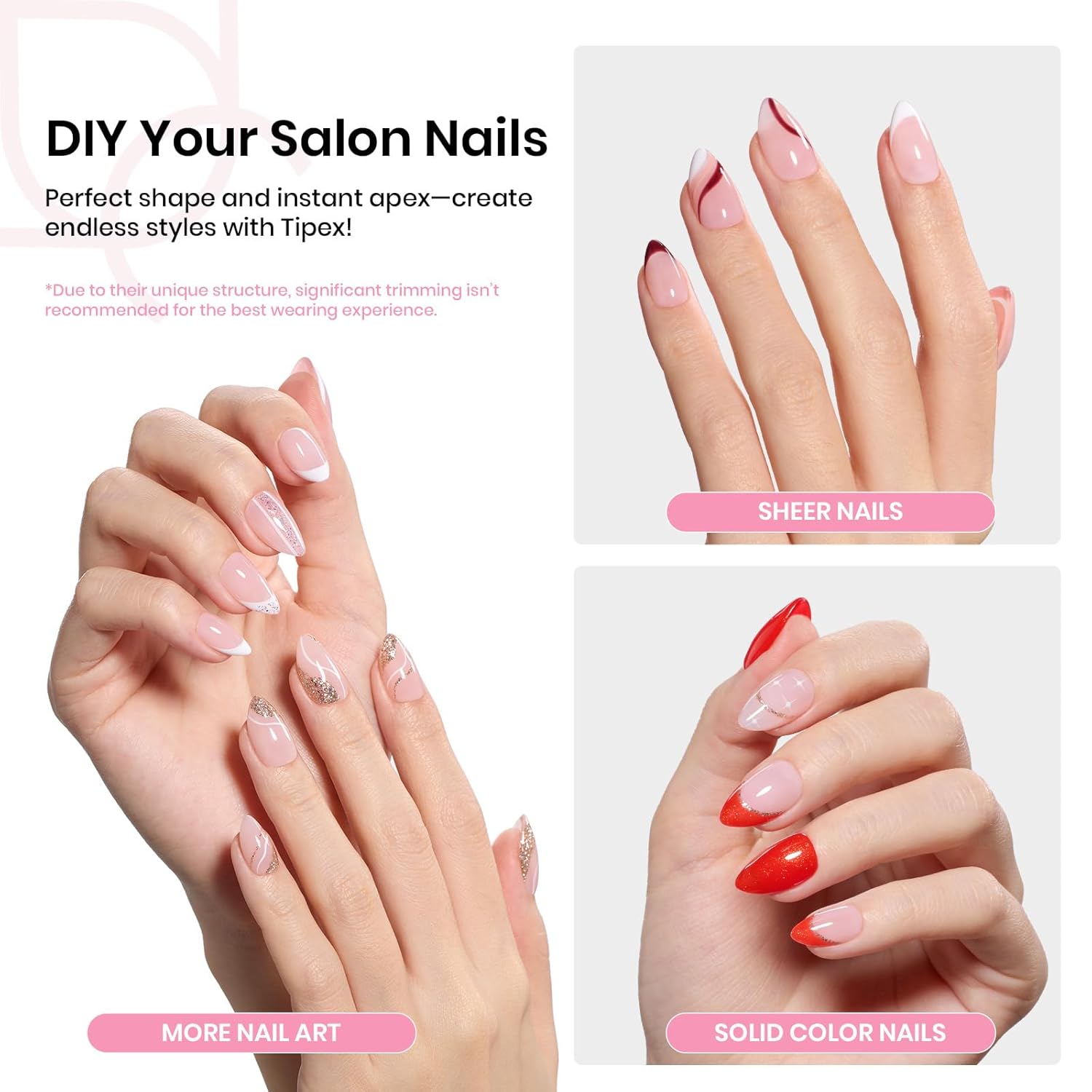 Beetles Tipex Instant Apex Nail Tips Kit, Almond Short, 224Pcs 16 Sizes, with Tipex UV Nail Glue Mini Nail Lamp,Pre-Building & Pre-Etched Thicker Acrylic Nails False Nail Extension-BrightBean Baby