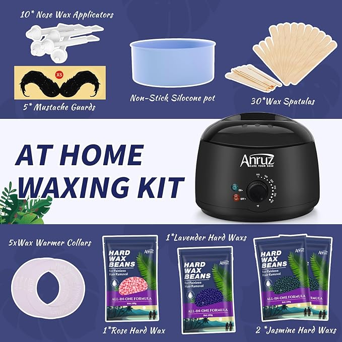 Waxing Kit for Women Men - Wax Kit for Hair Removal with Silicone Bowl,4 Bags Hard Waxing Beads and 30 Sticks - at Home Use Wax Warmer for Full Body, Bikini, Eyebrow, Face, Sensitive Skin-BrightBean Baby