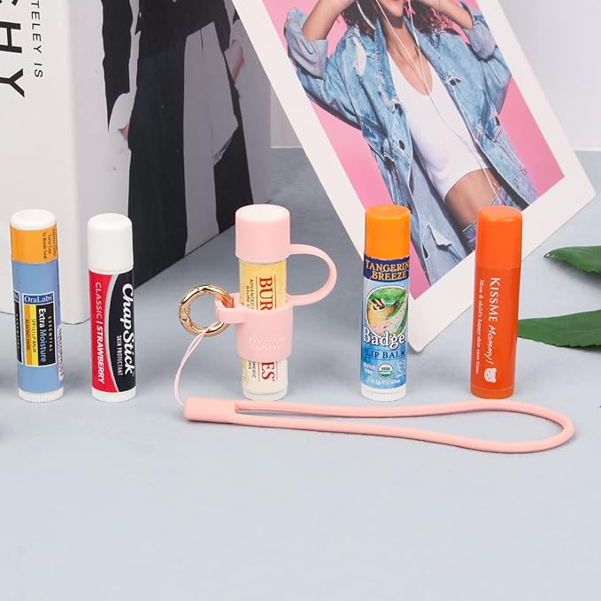 Desing Wish Silicone Lip Balm Holder with Cap Cover Portable Chapstick Holder Keychain Sleeve Lip Balm Key Chain with Key Ring and Wrist Strap Lanyard - Pink-BrightBean Baby