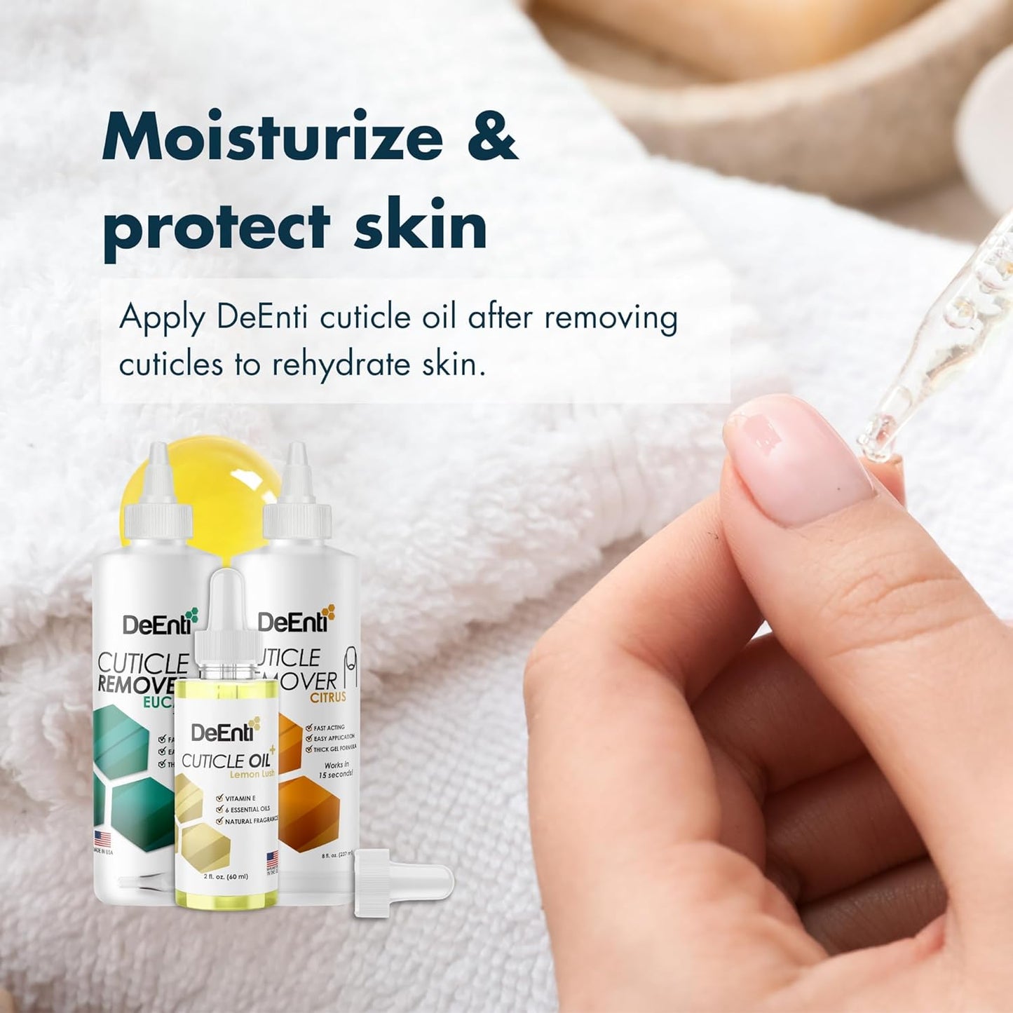 DeEnti Cuticles Maintenance Pack, Bundle Includes Citrus Scented Cuticle Remover, Cuticle Oil for Nails, and Metal Pusher Tool, Salon Grade Nail Care, Home Manicure and Pedicure Kit-BrightBean Baby