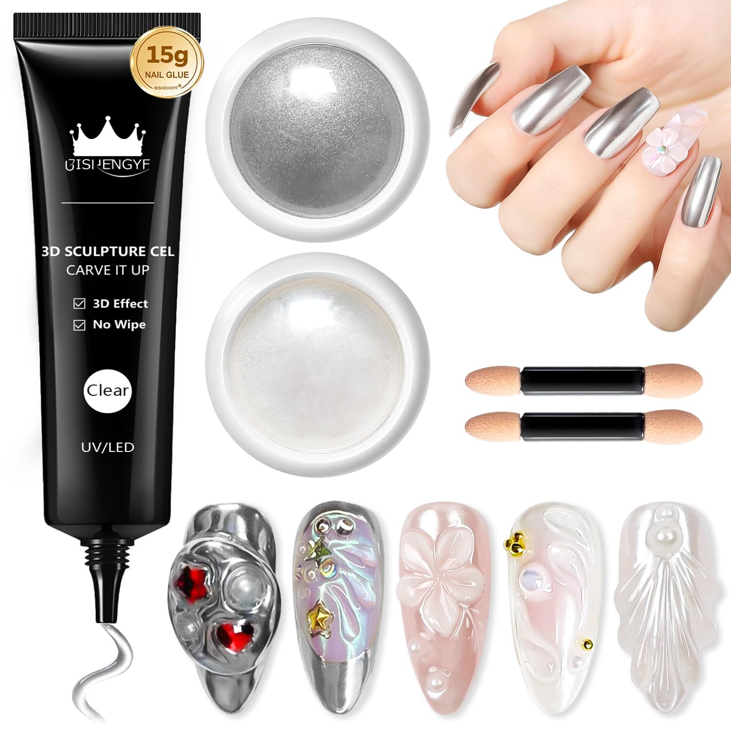3D Gel Nail Art Design BISHENGYF - 15g Clear No Wipe Nail Polish Rhinestone Nail Art Glue with White Silver Chrome Powder Metallic Mermaid Effect Nail Powder for Nail DIY-BrightBean Baby