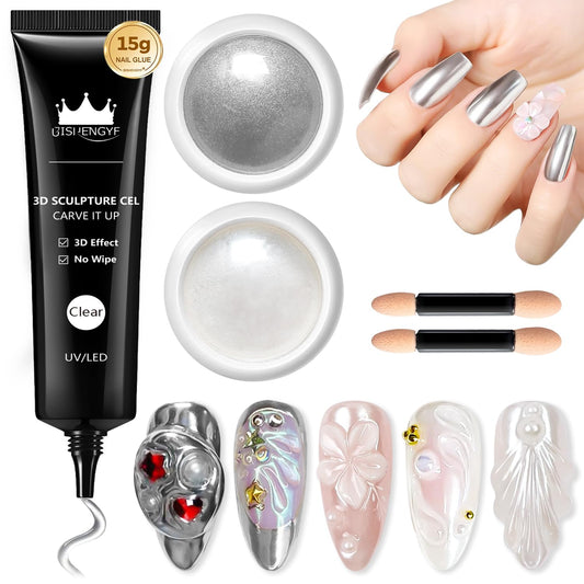 3D Gel Nail Art Design BISHENGYF - 15g Clear No Wipe Nail Polish Rhinestone Nail Art Glue with White Silver Chrome Powder Metallic Mermaid Effect Nail Powder for Nail DIY-BrightBean Baby