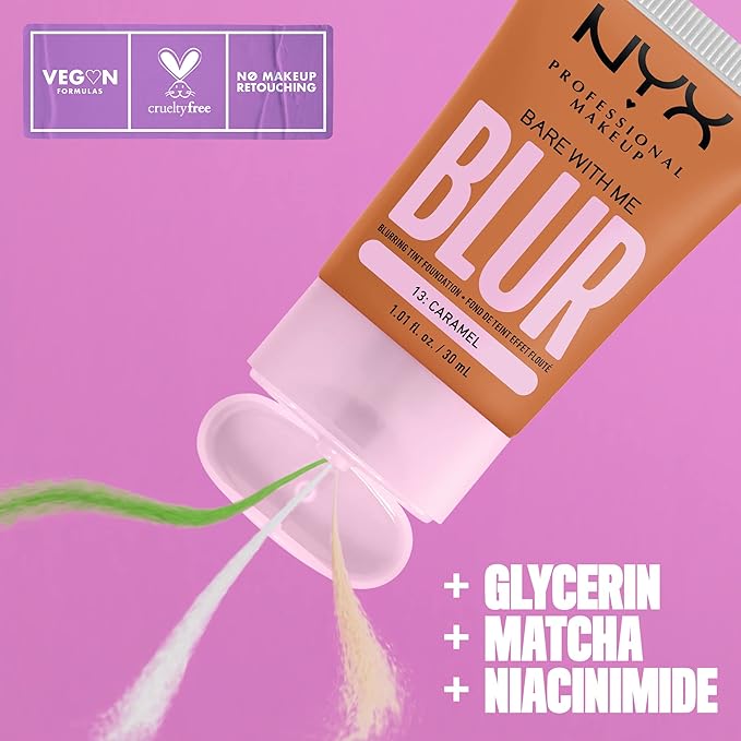 NYX PROFESSIONAL MAKEUP Bare With Me Blur Skin Tint Foundation Make Up with Matcha, Glycerin & Niacinamide - Caramel-BrightBean Baby