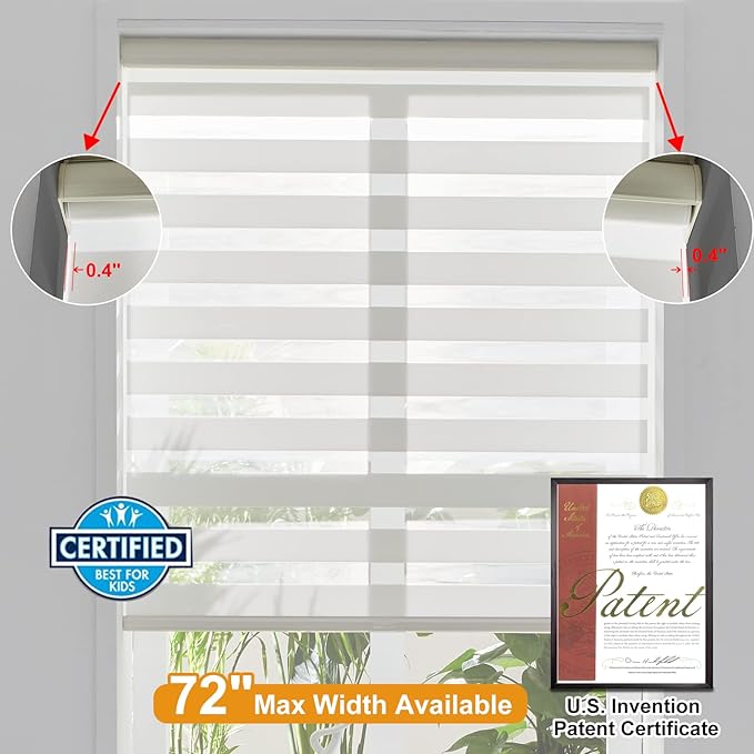 Persilux Cordless Zebra Blinds for Windows (58" W X 72" H, Cream) Free-Stop Roller Windows Shades Dual Layer Light Control for Day and Night, Light Filtering Sheer Shades for Home, Easy to Install