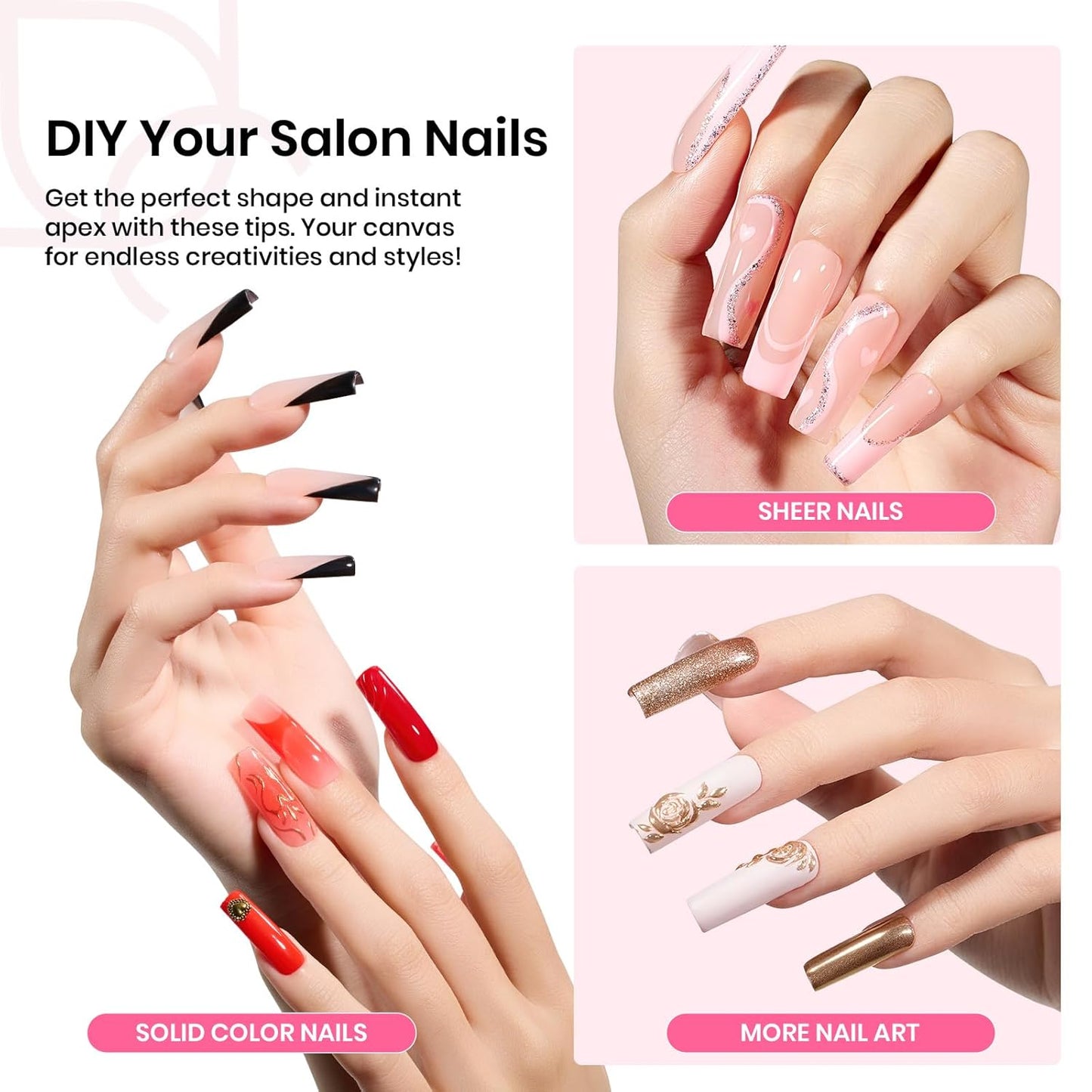 Beetles Tipex Nail Tips Kit, Long Square-C Curved Half Matte Nail Tips 224 Pcs 16 Sizes Pre Building Fake Nails with Tipex Nail Glue, Mini Nail Lamp - Thick Acrylic Nail Set-BrightBean Baby