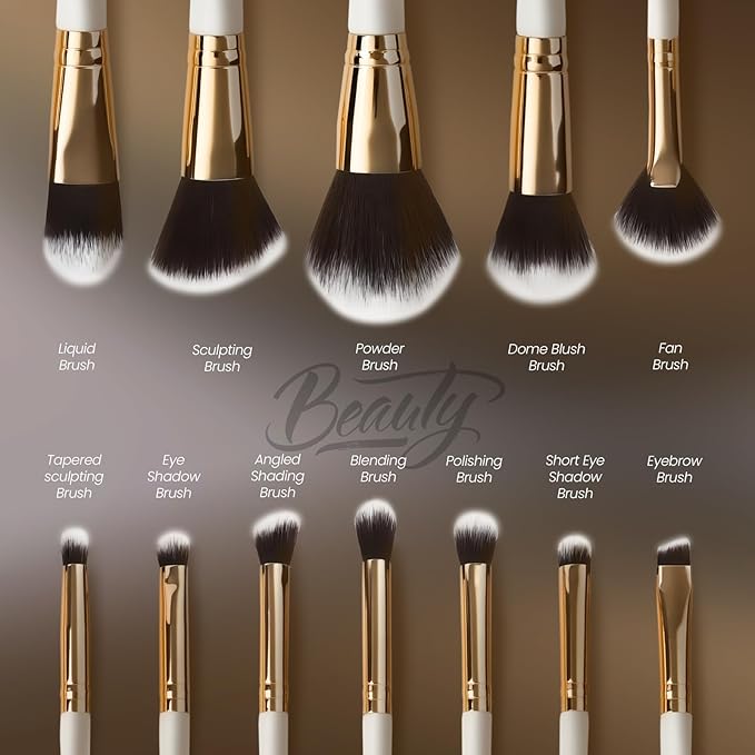 Makeup Brushes Set 12 Piece Professional & Beginner Friendly, Soft Synthetic Bristles for Face Eyeshadow Blending, Easy to Clean Travel Ready with Case, Ergonomic Wooden Handle Hypoallergenic (White)-BrightBean Baby