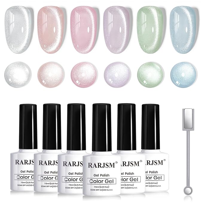 RARJSM Sparkle Diamond Cat Eye Gel Nail Polish Set 6 Colors Nude Pink Milky Jelly Purple Green Blue Silver Glitter Cateye Gel Polish with Magnet Stick UV LED Curing Requires Soak Off Home Salon Diy-BrightBean Baby