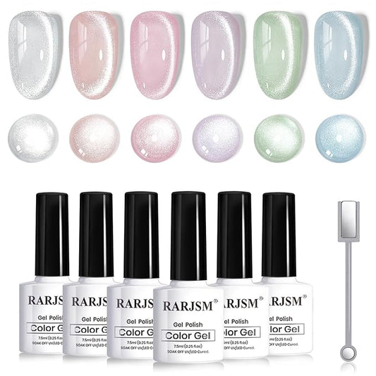 RARJSM Sparkle Diamond Cat Eye Gel Nail Polish Set 6 Colors Nude Pink Milky Jelly Purple Green Blue Silver Glitter Cateye Gel Polish with Magnet Stick UV LED Curing Requires Soak Off Home Salon Diy-BrightBean Baby