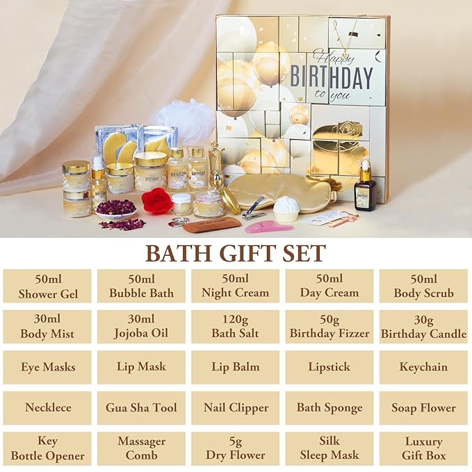 24Pcs Happy Birthday Gifts for Women Mom - Luxury Birthday Presents Spa Gift Set, Bath and Body Gift for Sister Girlfriend Wife Grandma with Necklace, Birthday Gift Set Idea for Women Female Friends-BrightBean Baby