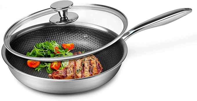 Stainless Steel Nonstick Frying Pan with Lid 10 Inch - Honeycomb Skillet Wok Pan