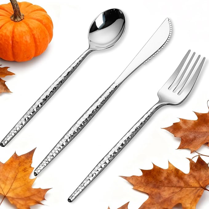 Rubtlamp 90Pcs Silver Plastic Silverware, Hammered Thanksgiving Disposable Silverware,Silver Plastic Forks And Spoons, Fancy Plastic Cultery Include 30 Forks, 30 Knives And 30 Spoons for Thanksgiving
