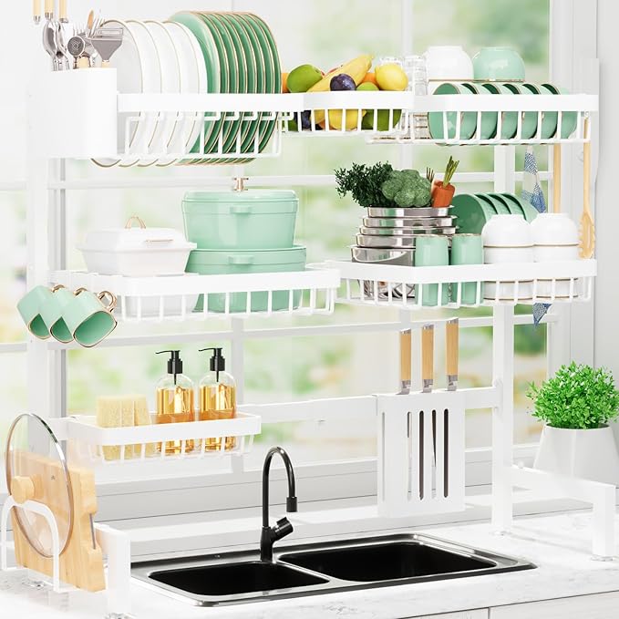 Dish Drying Rack - Over The Sink Dish Drainer Drying Rack with Utensil & Knife Holder, Hooks, Stainless Steel Kitchen Organizers and Storage Solution, 11.8" D x 31.5"~39.0''W x 30" H, White
