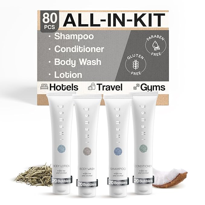 Infuse White Tea & Coconut Hotel Toiletries Bulk Set | 1-Shoppe Amenities Kit | 1oz Shampoo & Conditioner, Body Wash, Lotion | Travel Size | 80 Pieces-BrightBean Baby
