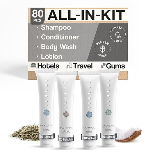 Infuse White Tea & Coconut Hotel Toiletries Bulk Set | 1-Shoppe Amenities Kit | 1oz Shampoo & Conditioner, Body Wash, Lotion | Travel Size | 80 Pieces-BrightBean Baby