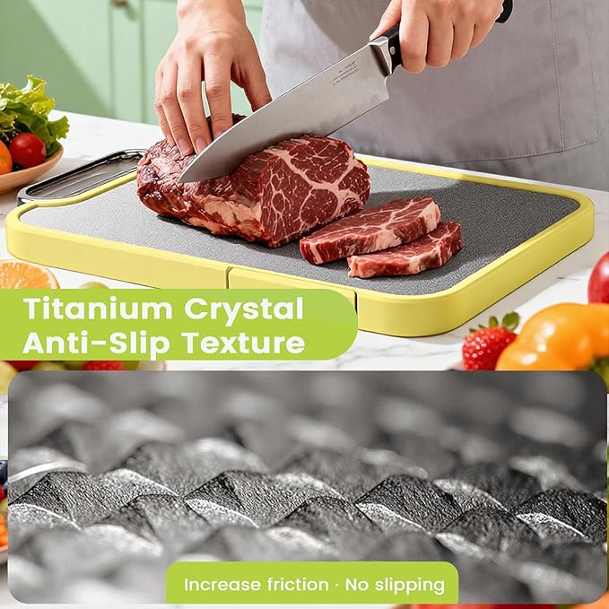 Titanium Cutting Board for Kitchen, Cutting Boards Non Toxic Double Sided Metal Pure Titanium and Wheat Straw PP Chopping Board Food Grade Easy to Clean Large Size 16"*10"*0.9"(Yellow)