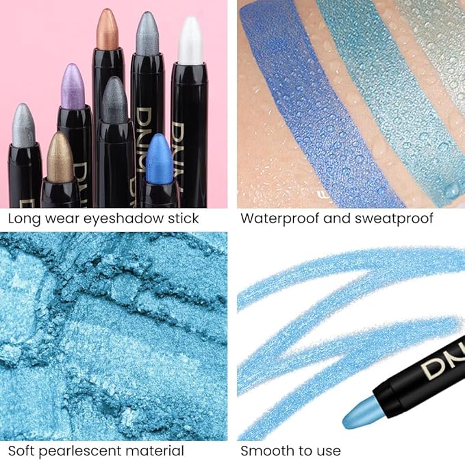 Kaely 2Pcs Bright Blue Eyeshadow Stick for Older Women, Metallic Shimmer Glitter Cream Eye Shadow Pencil Crayon, Light Blue Eyeliner Waterproof Halloween Makeup, 11+13-BrightBean Baby