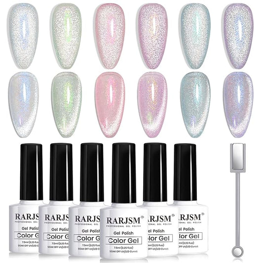 RARJSM Aurora Mermaid Cat Eye Gel Nail Polish Set 6 Colors Velvet Silver Glitter Pink Green Blue Purple Galaxy Star Shimmer Gel Polish with Magnetic Stick UV LED Curing Requires Soak Off Home Salon-BrightBean Baby