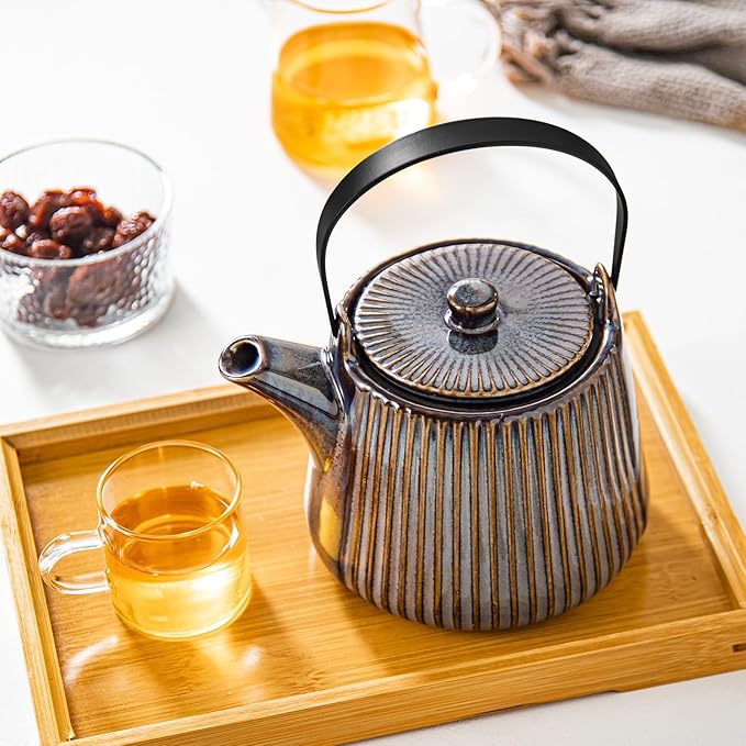 Yundu Brown Ceramic Teapots, 1000ml/33.8oz Tea Kettle, Enough for 4 Cups, Tea pot with infusers for loose tea, Striped Tea Pot with Removable Tea infuser