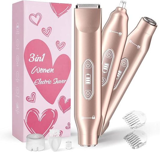 Bikini Trimmer for Women，3 in 1 Electric Razor with Ceramic Blades, IPX7 Waterproof, USB Rechargeable, Painless Hair Removal for Face，Body，Bikini Area, Travel Grooming Kit (Rose Gold)-BrightBean Baby