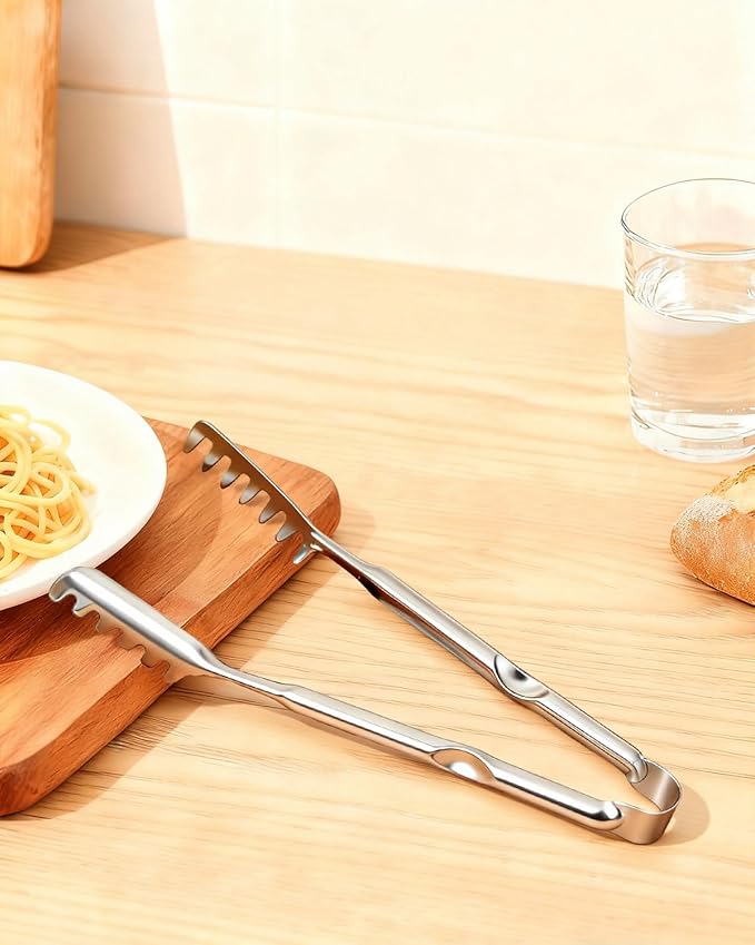 Spaghetti Spoon and Pasta Tong with Grip Teeth and Drain Holes, 2-Piece Large Spaghetti Utensil, Comfortable Grip Design for Cooking, Serving, Salad and Noodles, Stainless Steel