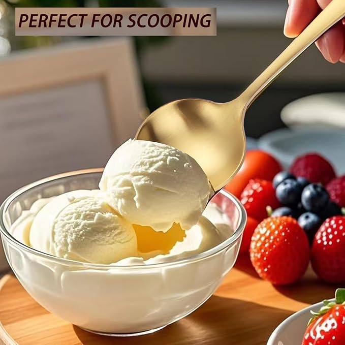 7" Round Soup Spoons Set of 4,18/10 Stainless Steel Heavy Duty with Deep Bowl,Matte Stain Finish,Dishwasher Safe(Gold)